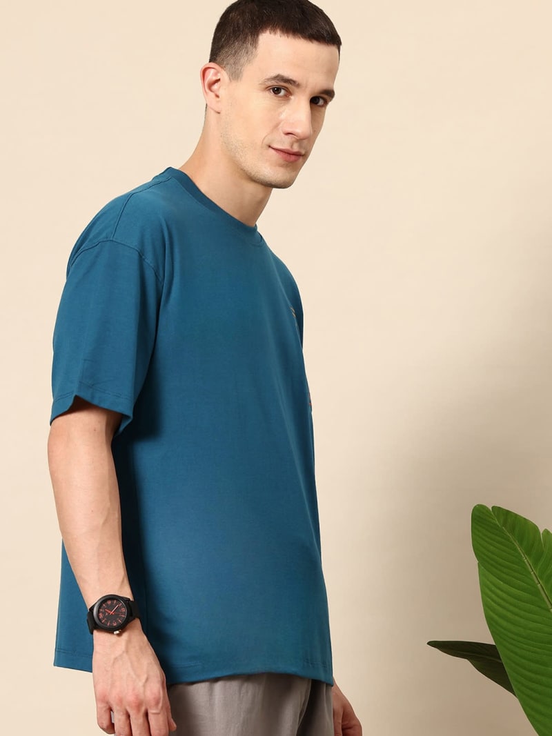 PockMAN Men Oversized Solid Cotton Terry Classic Teal Tshirt - Image 2