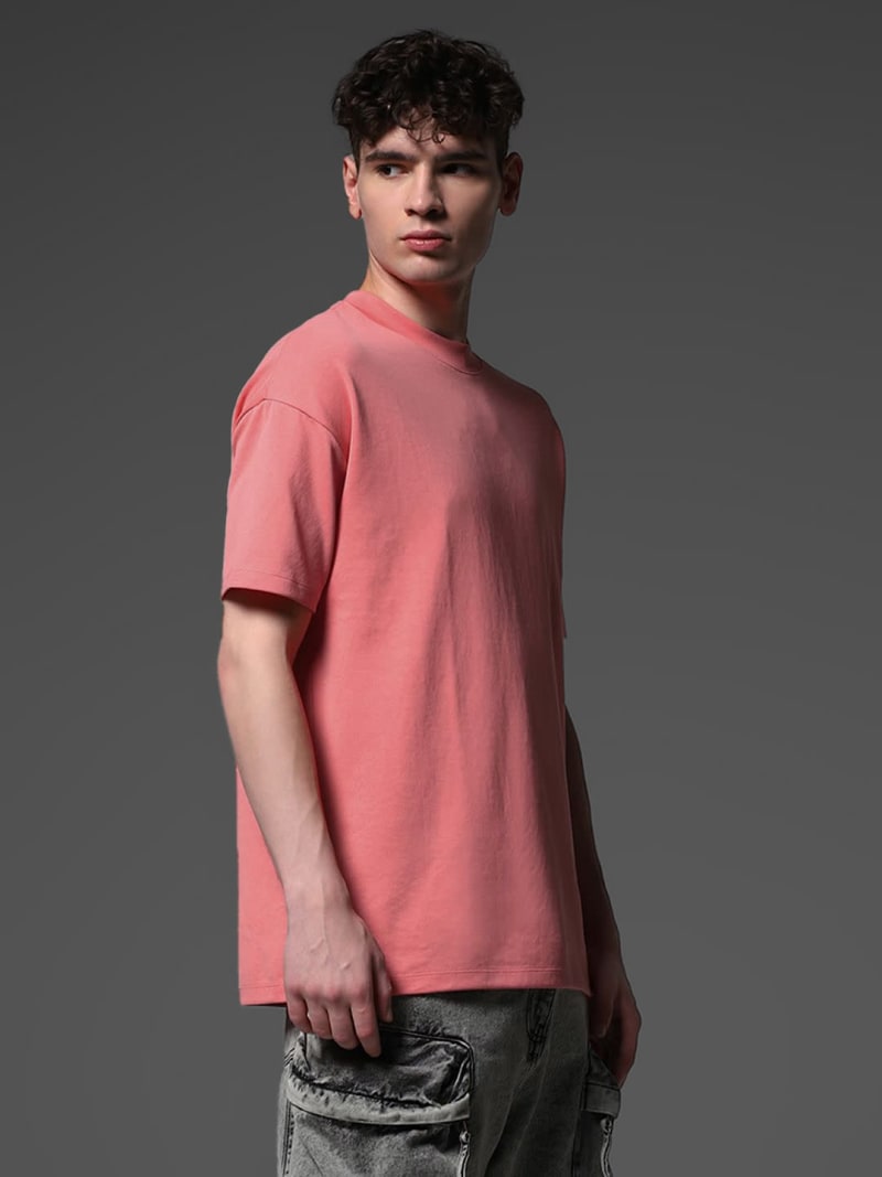 PockMAN Men Oversized Solid Cotton Terry Classic Light Red Tshirt - Image 2