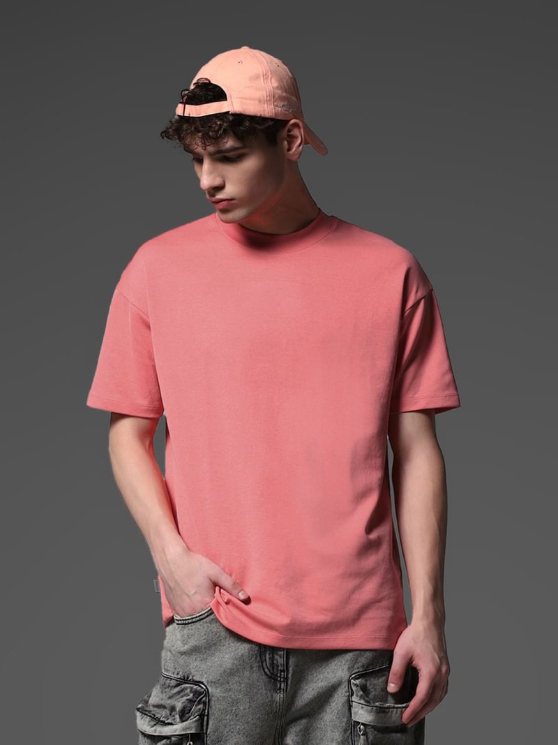 PockMAN Men Oversized Solid Cotton Terry Classic Light Red Tshirt - Image 3