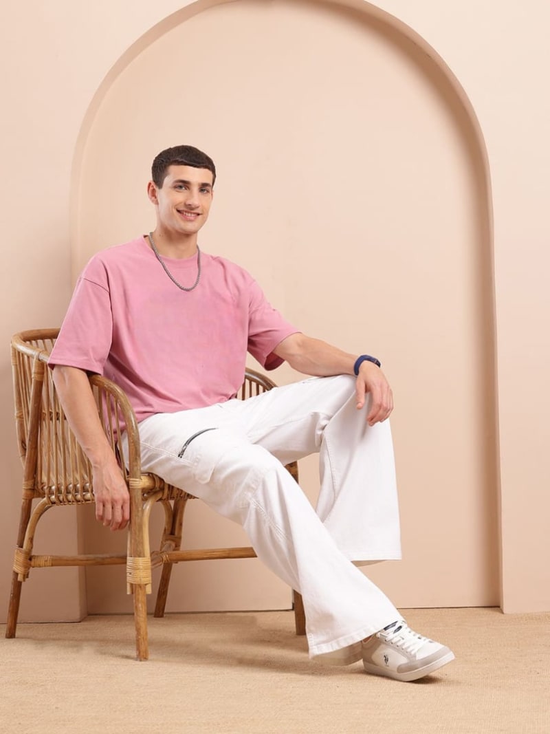 PockMAN Men Oversized Solid Cotton Terry Classic Coral Pink Tshirt - Image 2