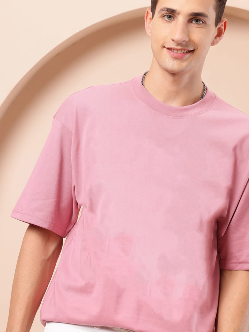 PockMAN Men Oversized Solid Cotton Terry Classic Coral Pink Tshirt - Image 5
