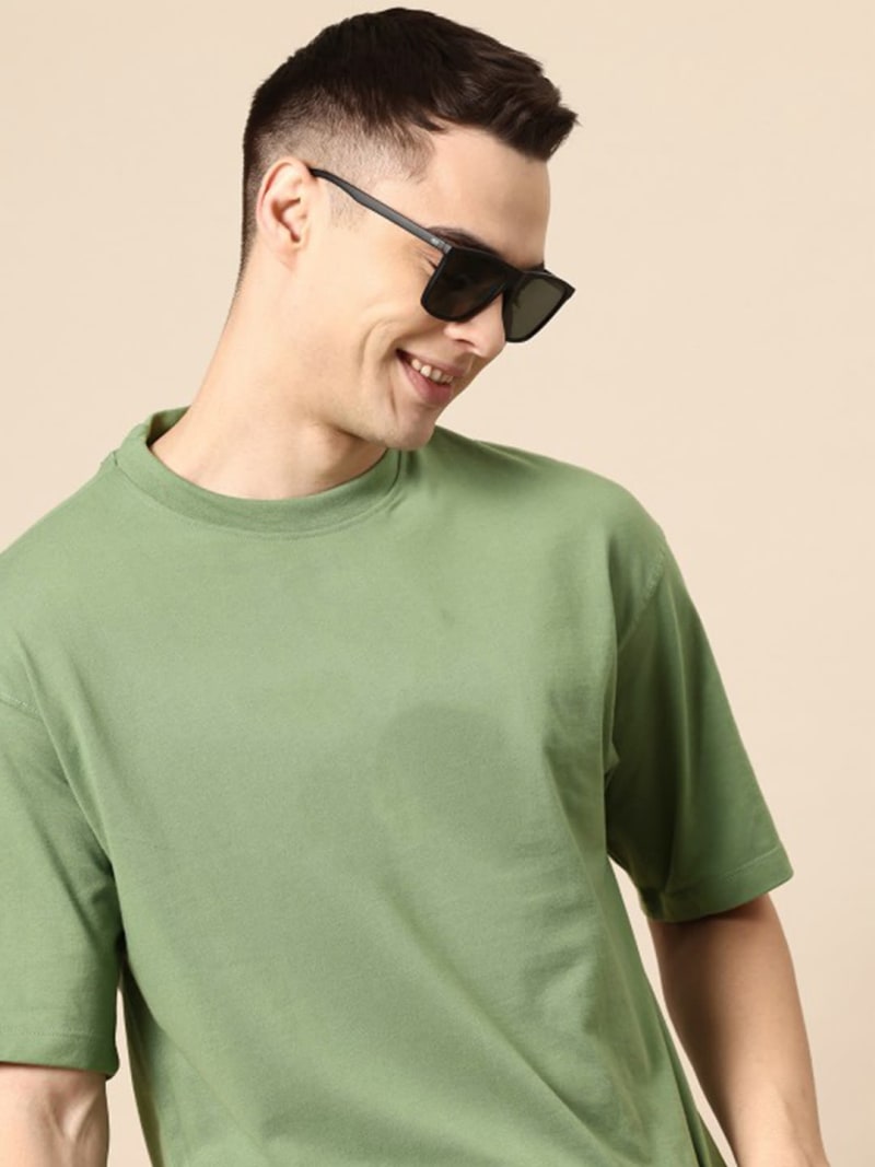 PockMAN Men Oversized Solid Cotton Terry Classic Dull Green Tshirt - Image 4