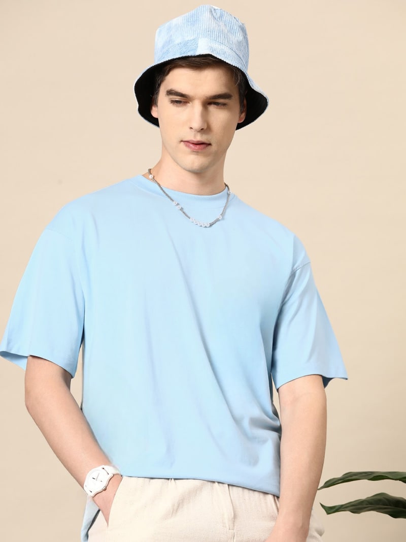 PockMAN Men Oversized Solid Cotton Terry Classic Cloudy Blue Tshirt