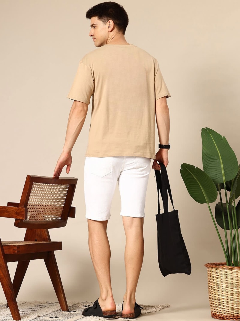 PockMAN Men Oversized Solid Cotton Terry Classic Fawn Beige Tshirt - Image 3