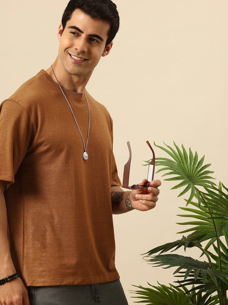 PockMAN Men Oversized Solid Cotton Terry Classic Brown  Tshirt - Image 2