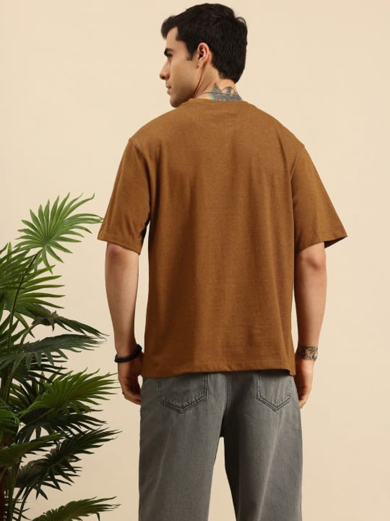 PockMAN Men Oversized Solid Cotton Terry Classic Brown  Tshirt - Image 4