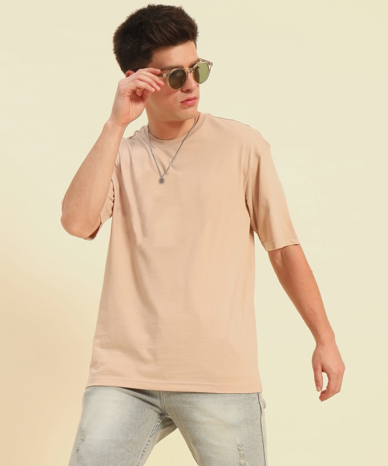PockMAN Men Oversized Solid Cotton Terry Classic Desert Sand Tshirt