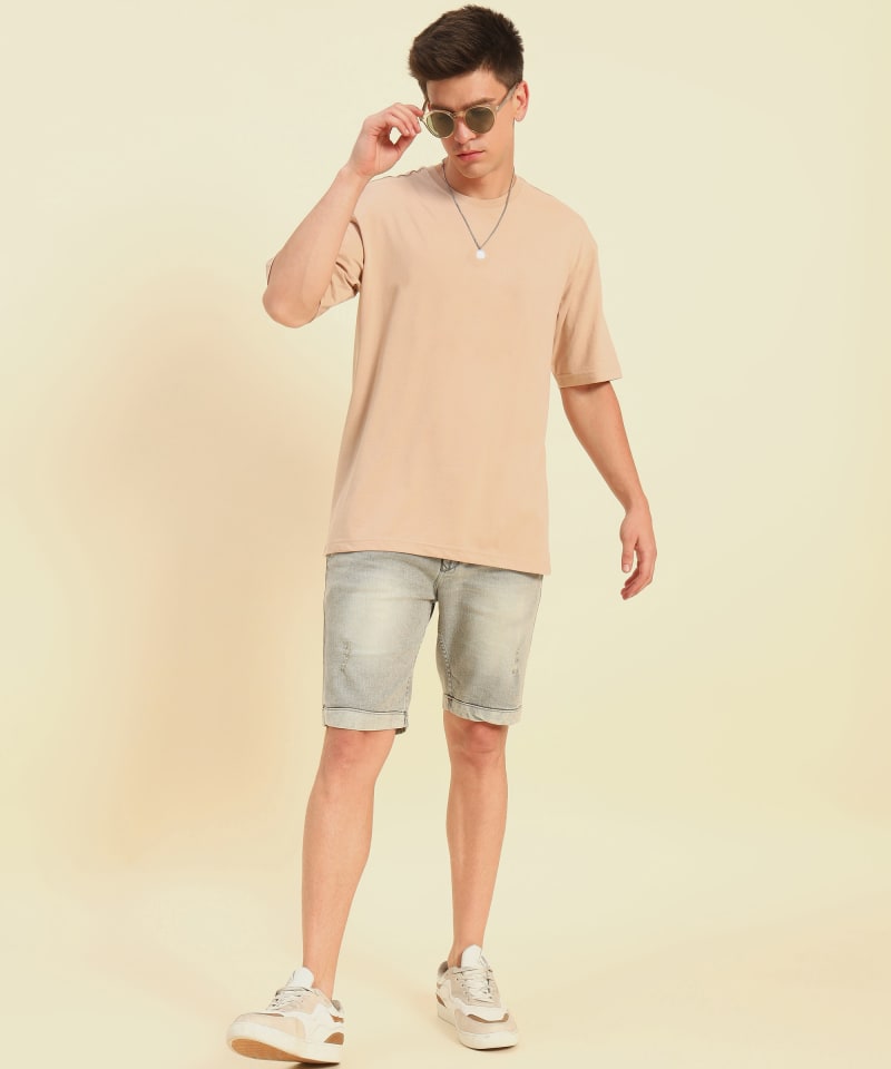 PockMAN Men Oversized Solid Cotton Terry Classic Desert Sand Tshirt - Image 2