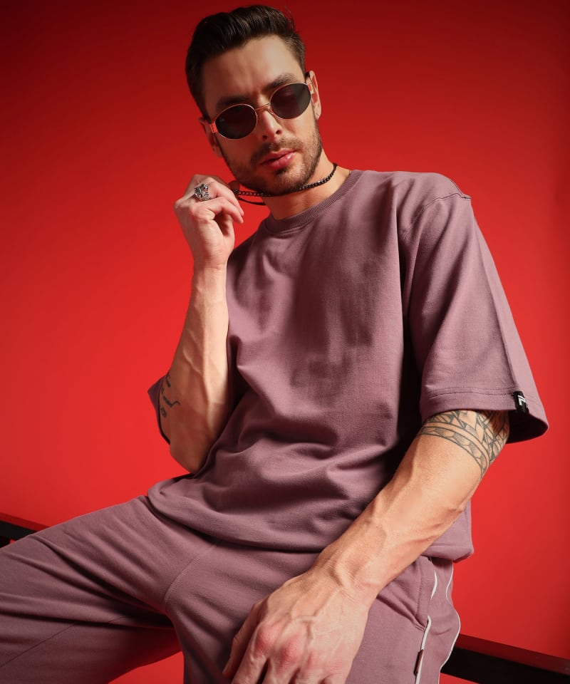 PockMAN Men Oversized Solid Cotton Terry Classic Mauve Tshirt
