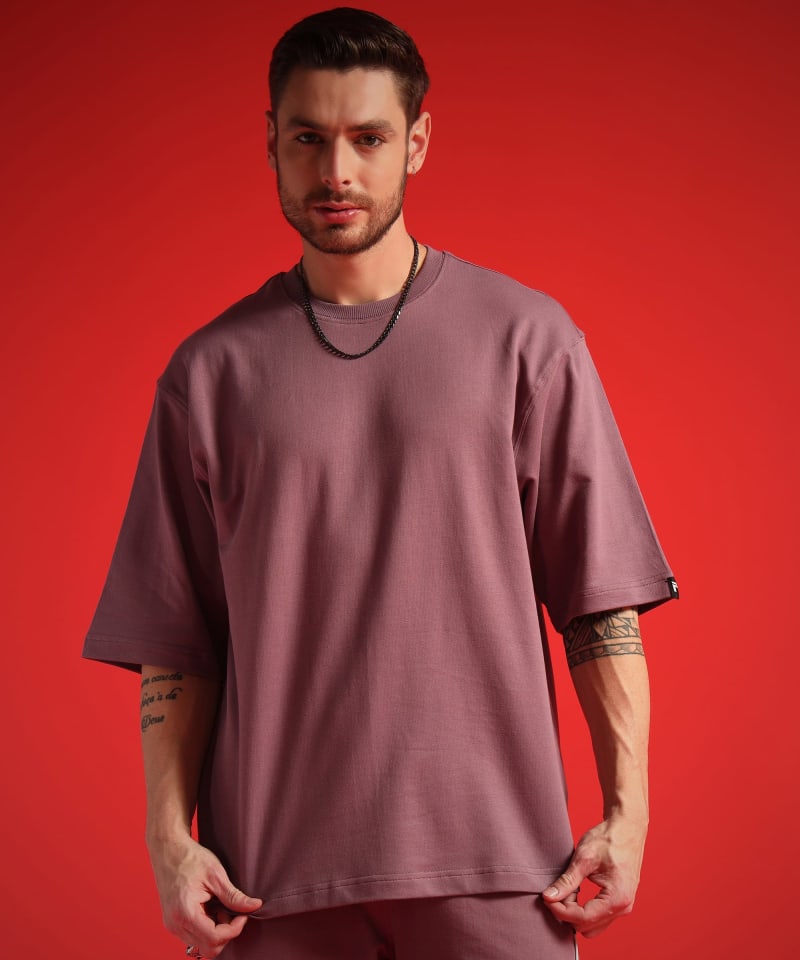 PockMAN Men Oversized Solid Cotton Terry Classic Mauve Tshirt - Image 2