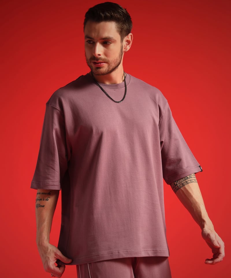 PockMAN Men Oversized Solid Cotton Terry Classic Mauve Tshirt - Image 3