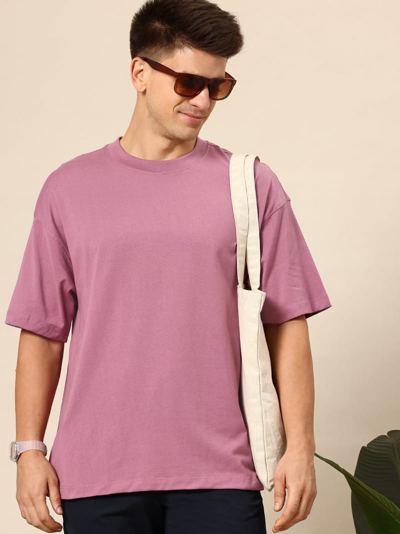 PockMAN Men Oversized Solid Cotton Terry Classic Dusty Lavender Tshirt