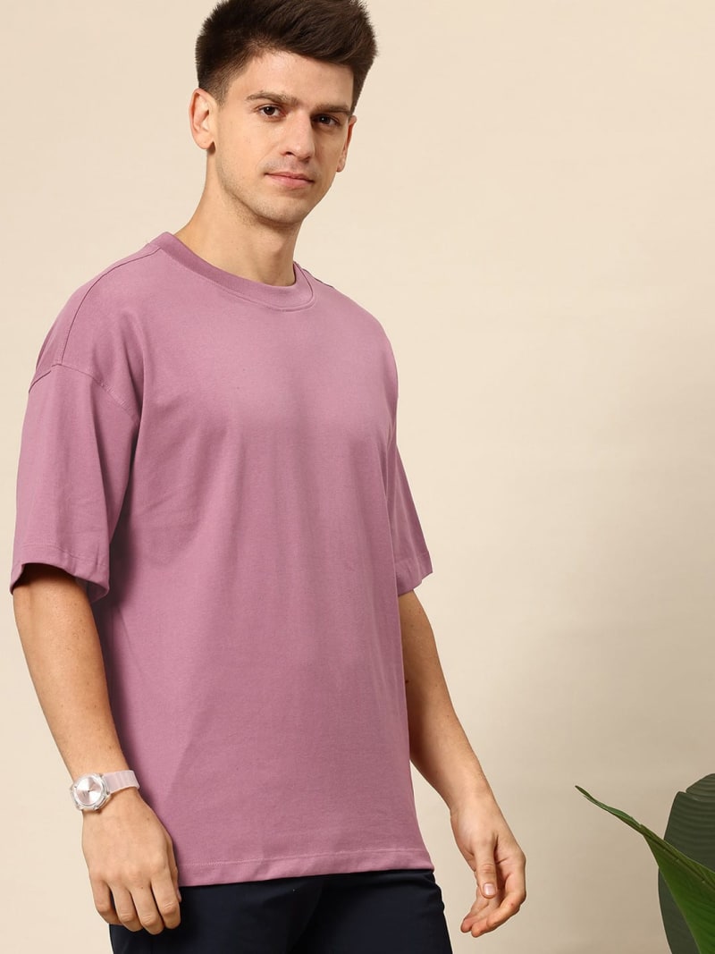 PockMAN Men Oversized Solid Cotton Terry Classic Dusty Lavender Tshirt - Image 3