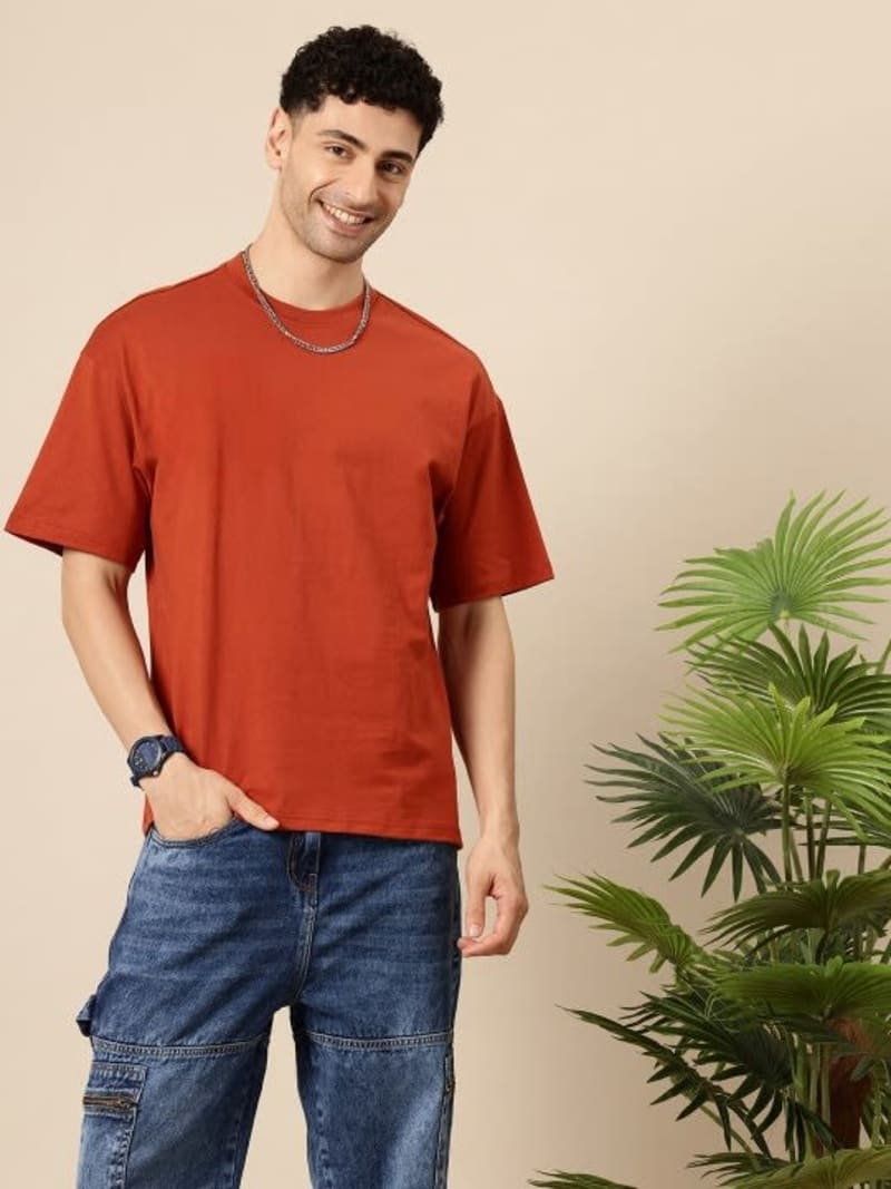 PockMAN Men Oversized Solid Cotton Terry Classic Rust Red Tshirt