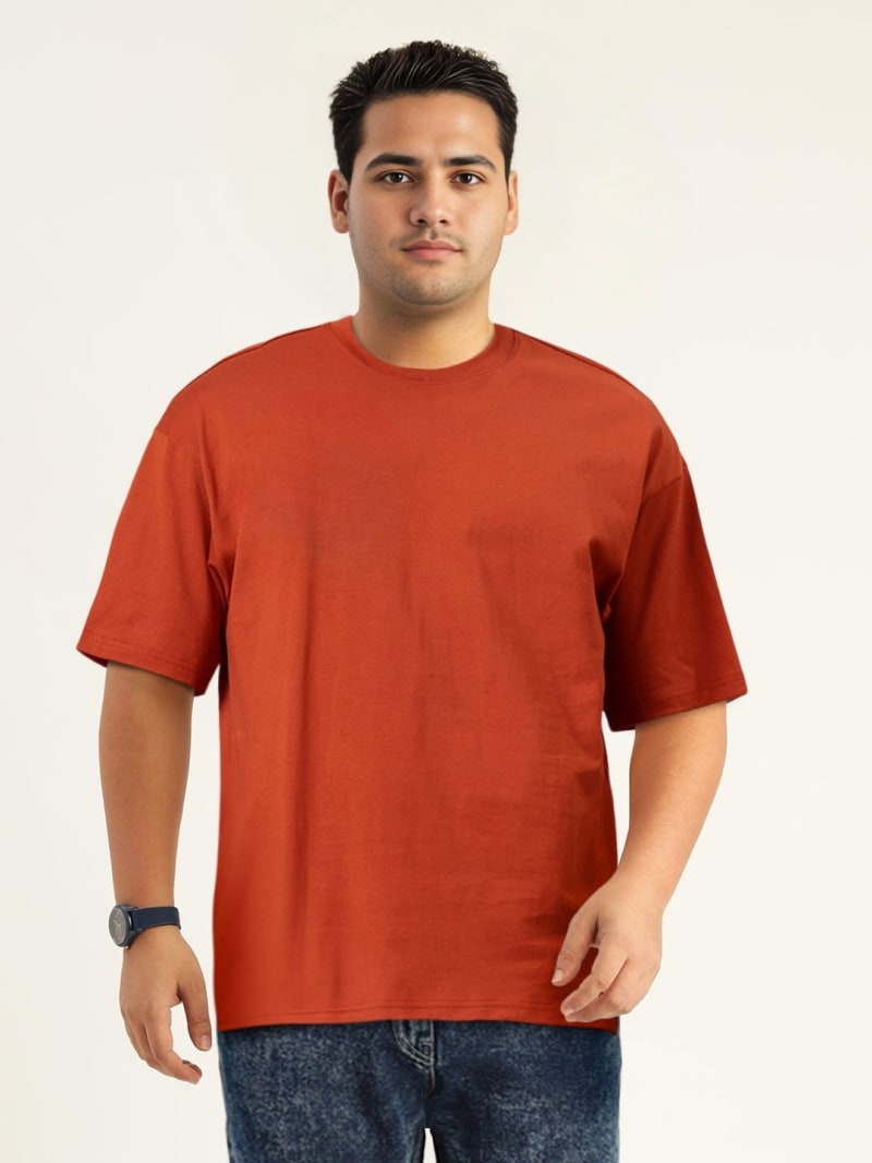 PockMAN Men Oversized Solid Cotton Terry Classic Rust Red Tshirt - Image 4
