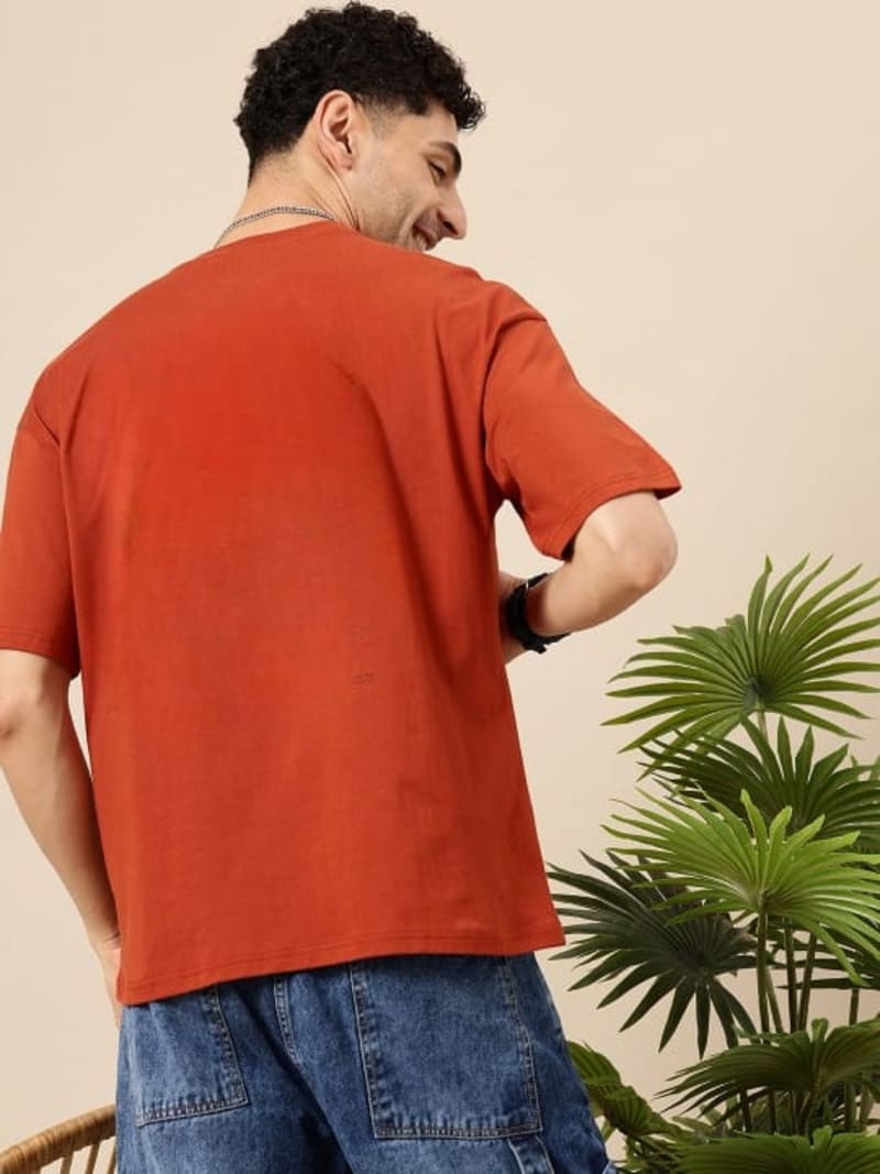 PockMAN Men Oversized Solid Cotton Terry Classic Rust Red Tshirt - Image 5