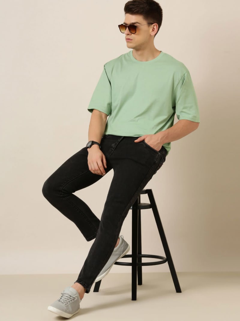 PockMAN Men Oversized Solid Cotton Terry Classic Greyish Teal Tshirt