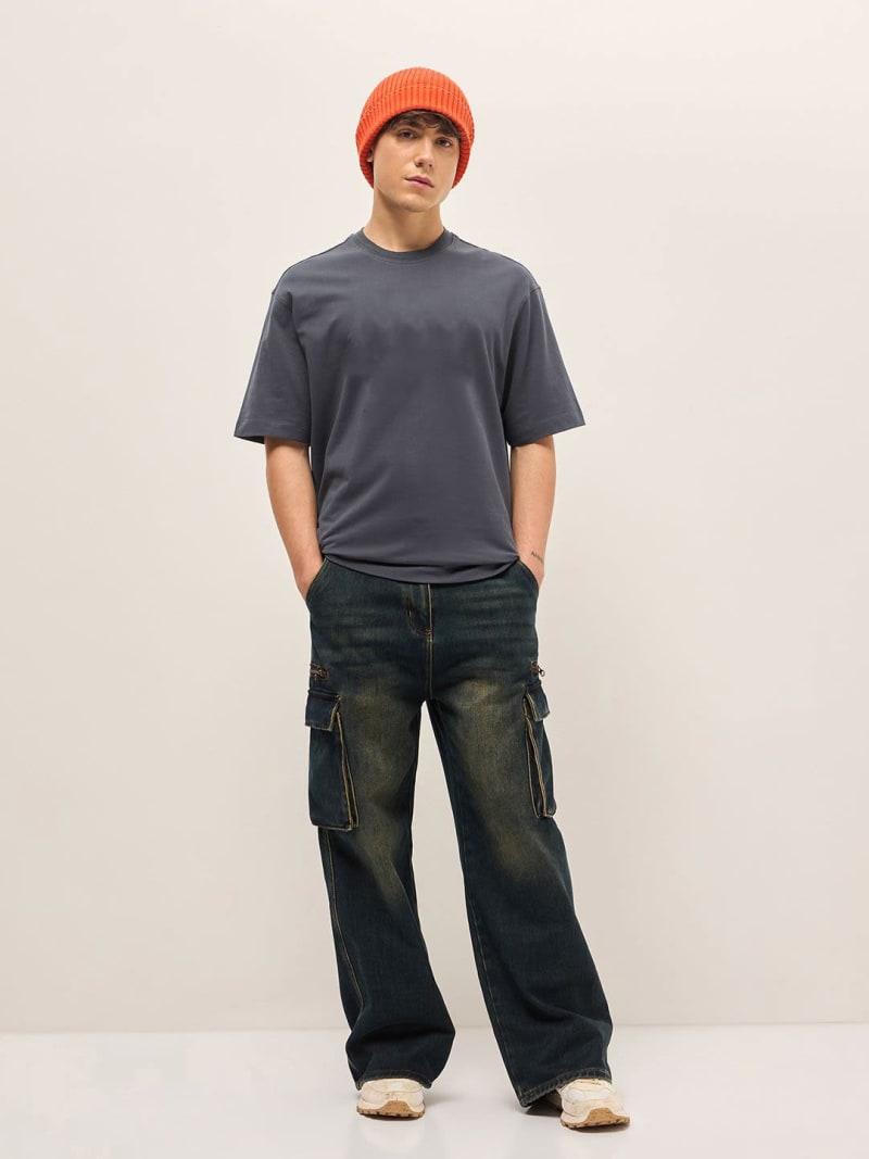 PockMAN Men Oversized Solid Cotton Terry Classic Dark Grey Tshirt - Image 4
