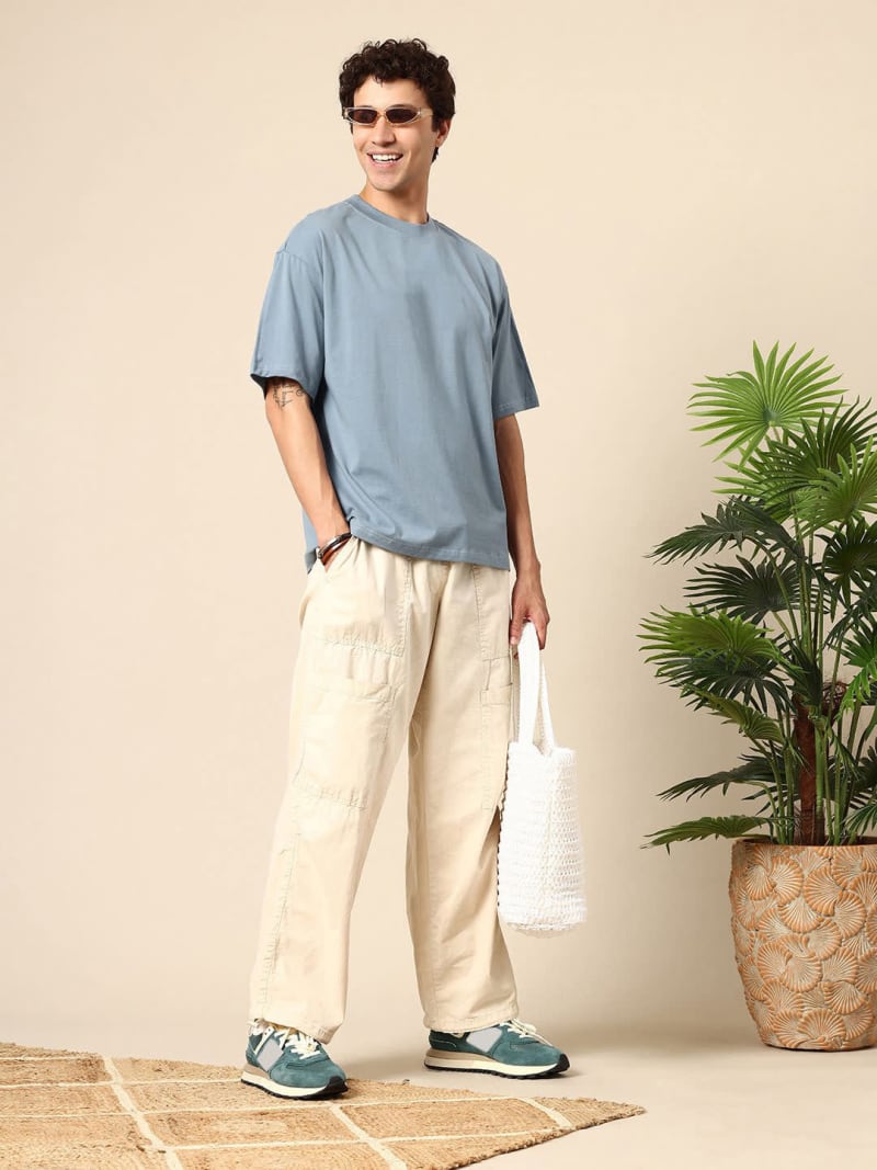 PockMAN Men Oversized Solid Cotton Terry Classic Moonstone Blue Tshirt - Image 2
