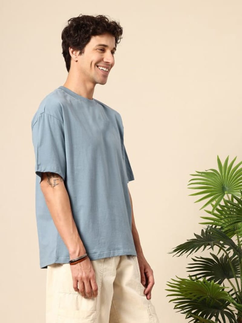 PockMAN Men Oversized Solid Cotton Terry Classic Moonstone Blue Tshirt - Image 3