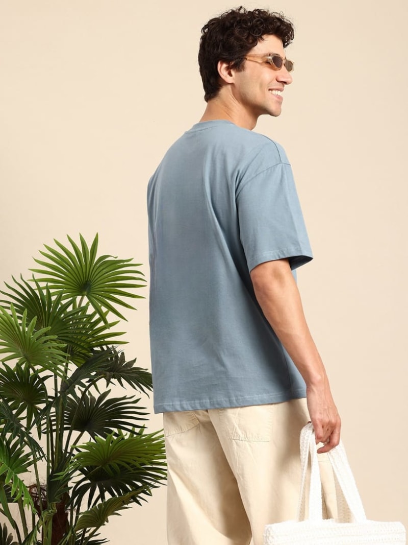 PockMAN Men Oversized Solid Cotton Terry Classic Moonstone Blue Tshirt - Image 4