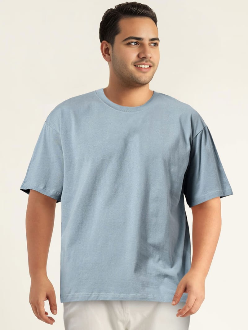 PockMAN Men Oversized Solid Cotton Terry Classic Moonstone Blue Tshirt - Image 5