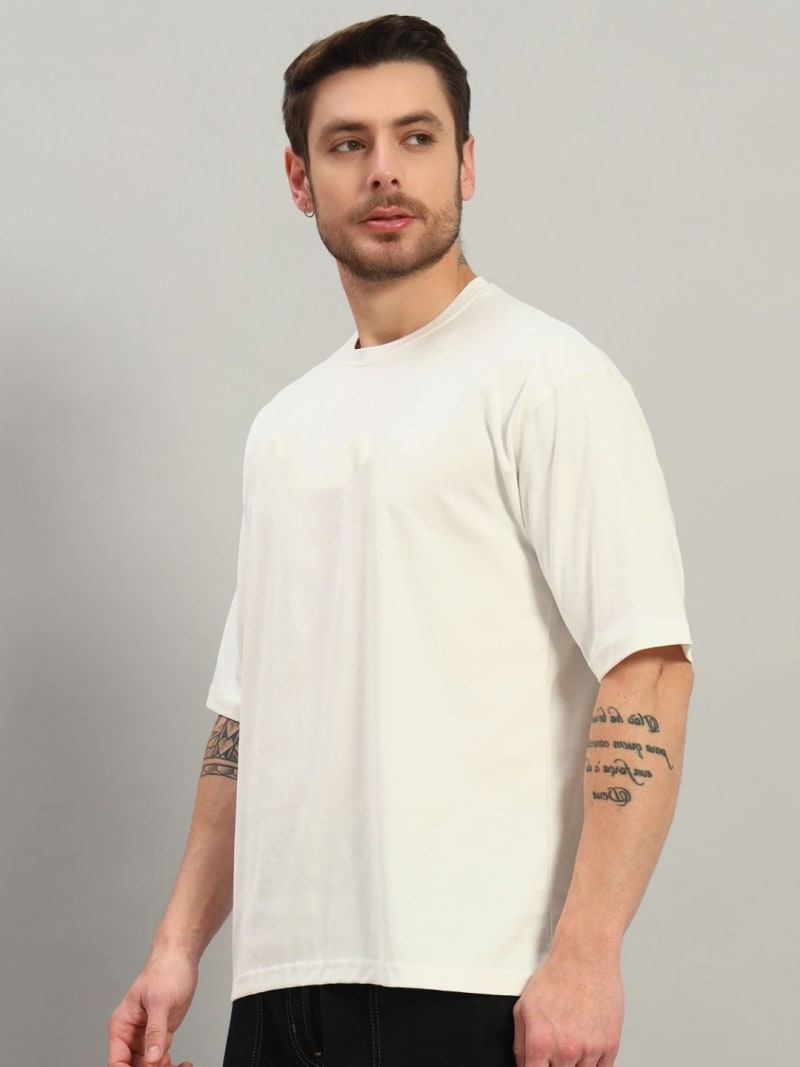 PockMAN Men Oversized Solid Cotton Terry Classic Off White Tshirt - Image 2