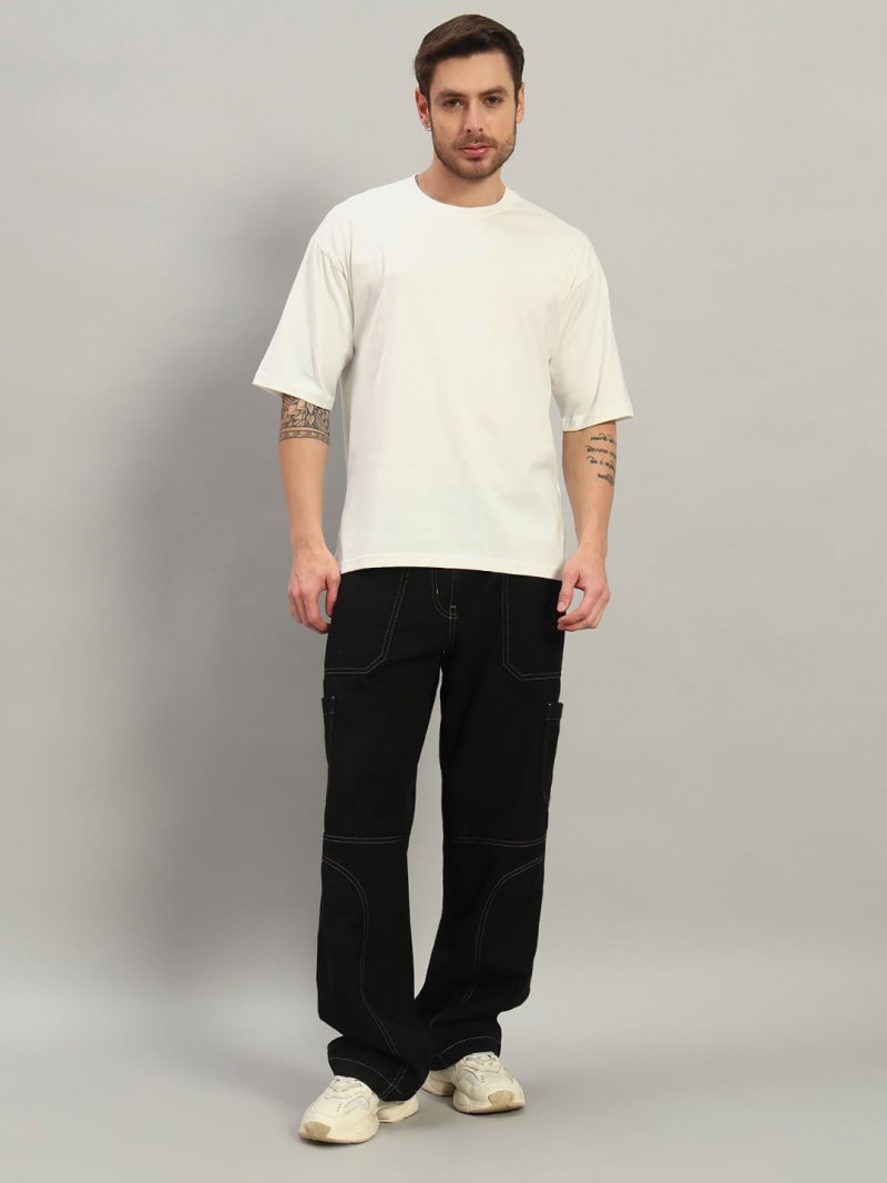 PockMAN Men Oversized Solid Cotton Terry Classic Off White Tshirt - Image 3