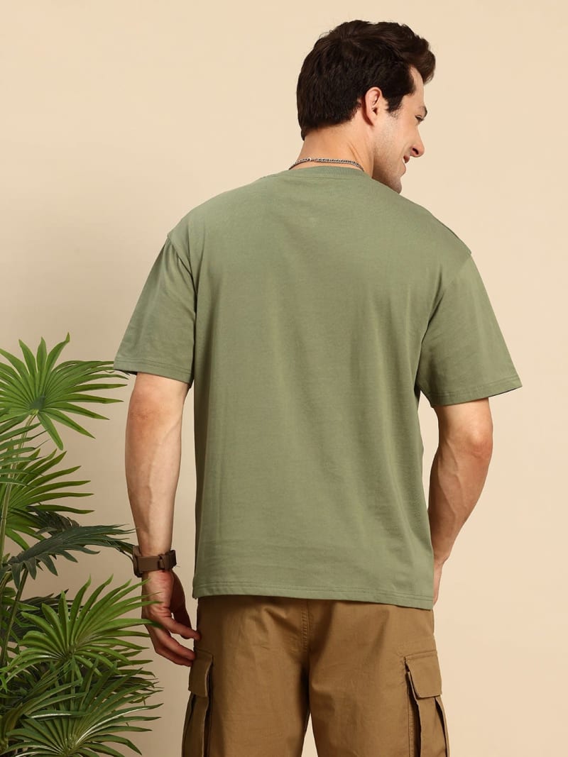 PockMAN Men Oversized Solid Cotton Terry Classic Olive Tshirt - Image 4