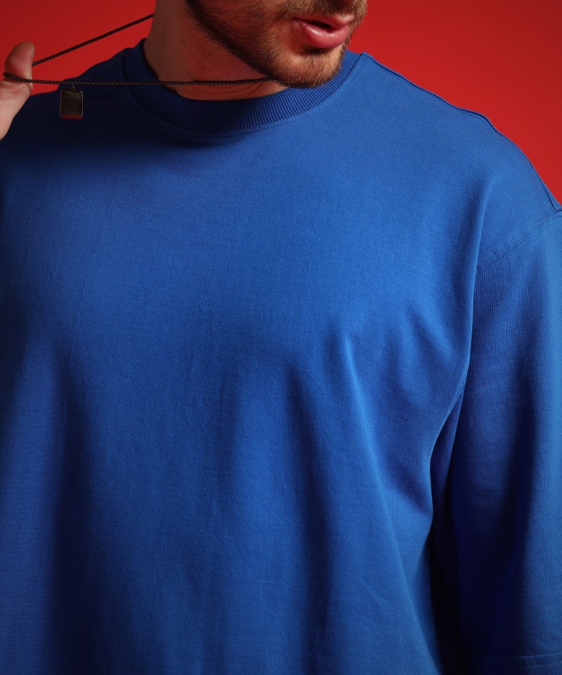 PockMAN Men Oversized Solid Cotton Terry Classic Royal Blue Tshirt - Image 6