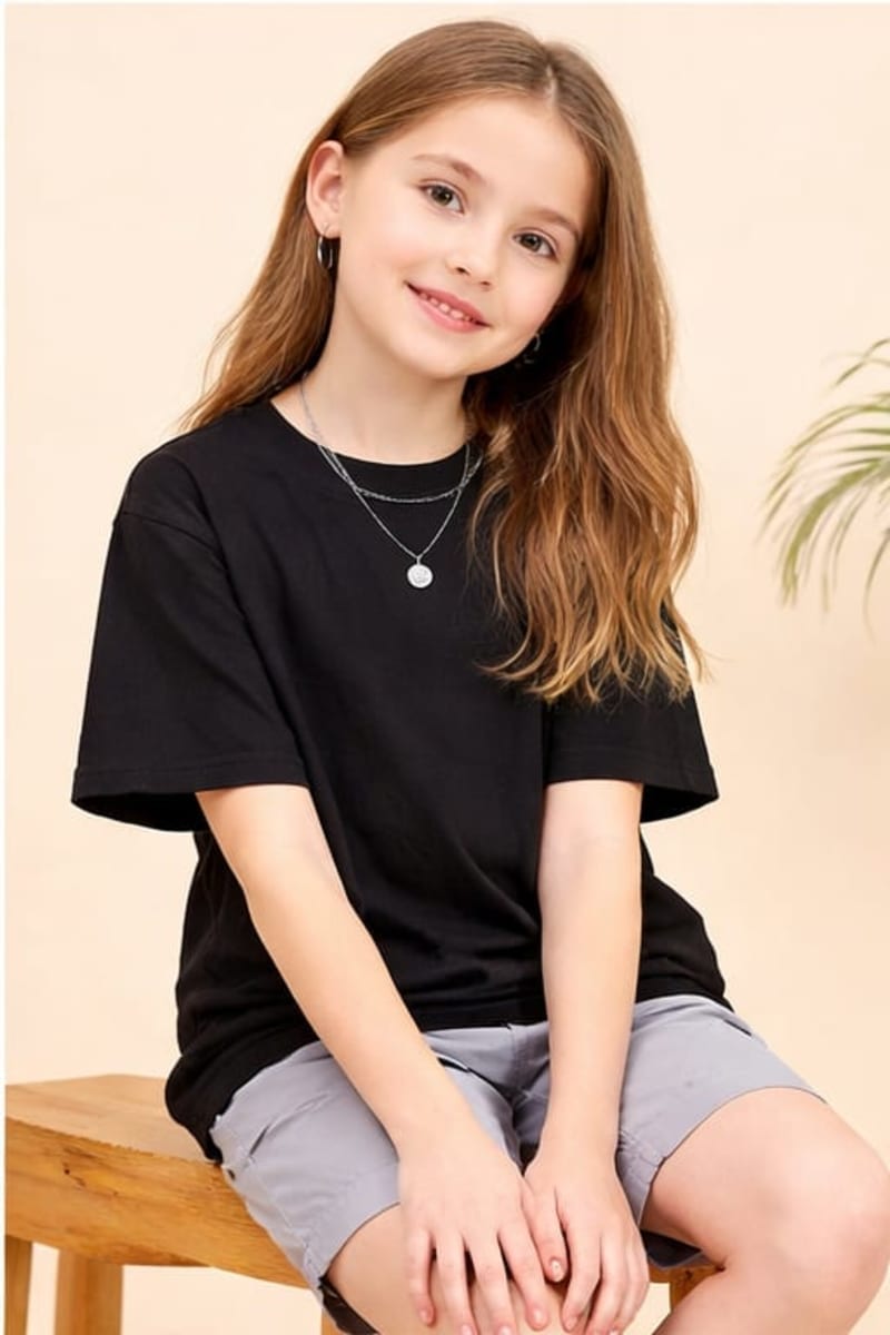 PockMAN Kid Girls Oversized Solid Cotton Terry Classic Black Tshirt
