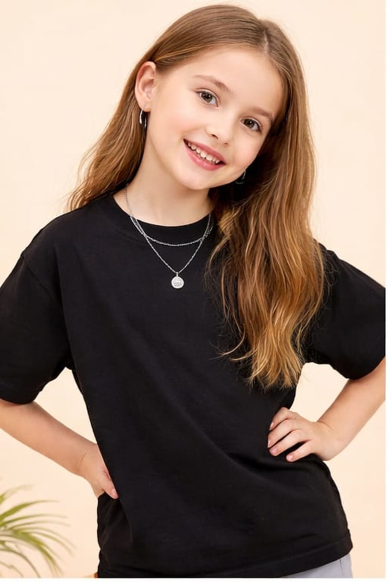 PockMAN Kid Girls Oversized Solid Cotton Terry Classic Black Tshirt - Image 3
