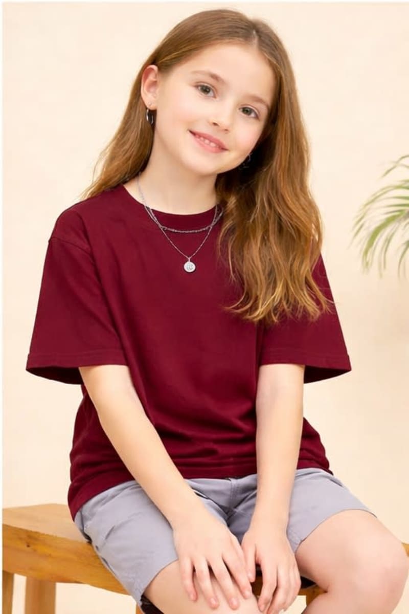 PockMAN Kid Girls Oversized Solid Cotton Terry Classic Maroon Tshirt
