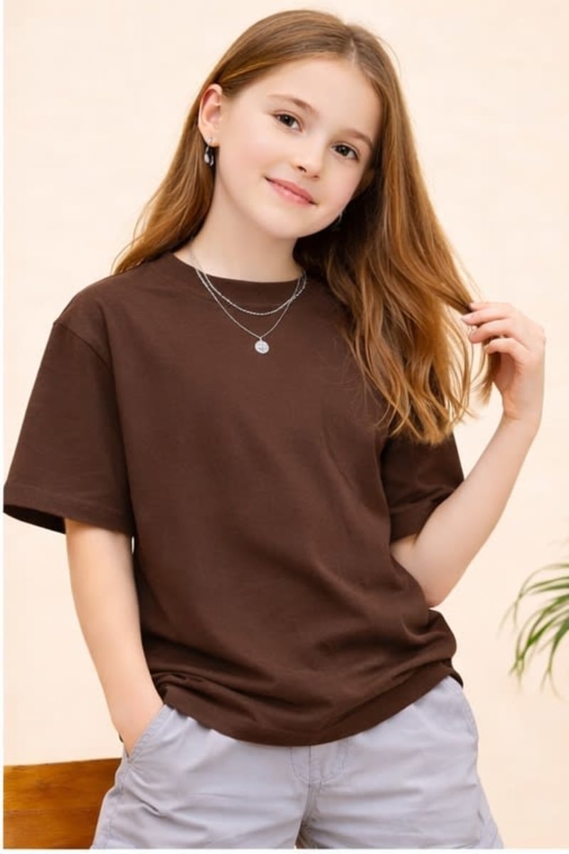 PockMAN Kid Girls Oversized Solid Cotton Terry Classic Dark Brown Tshirt - Image 2