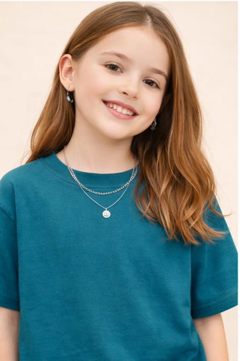 PockMAN Kid Girls Oversized Solid Cotton Terry Classic Teal Tshirt - Image 5