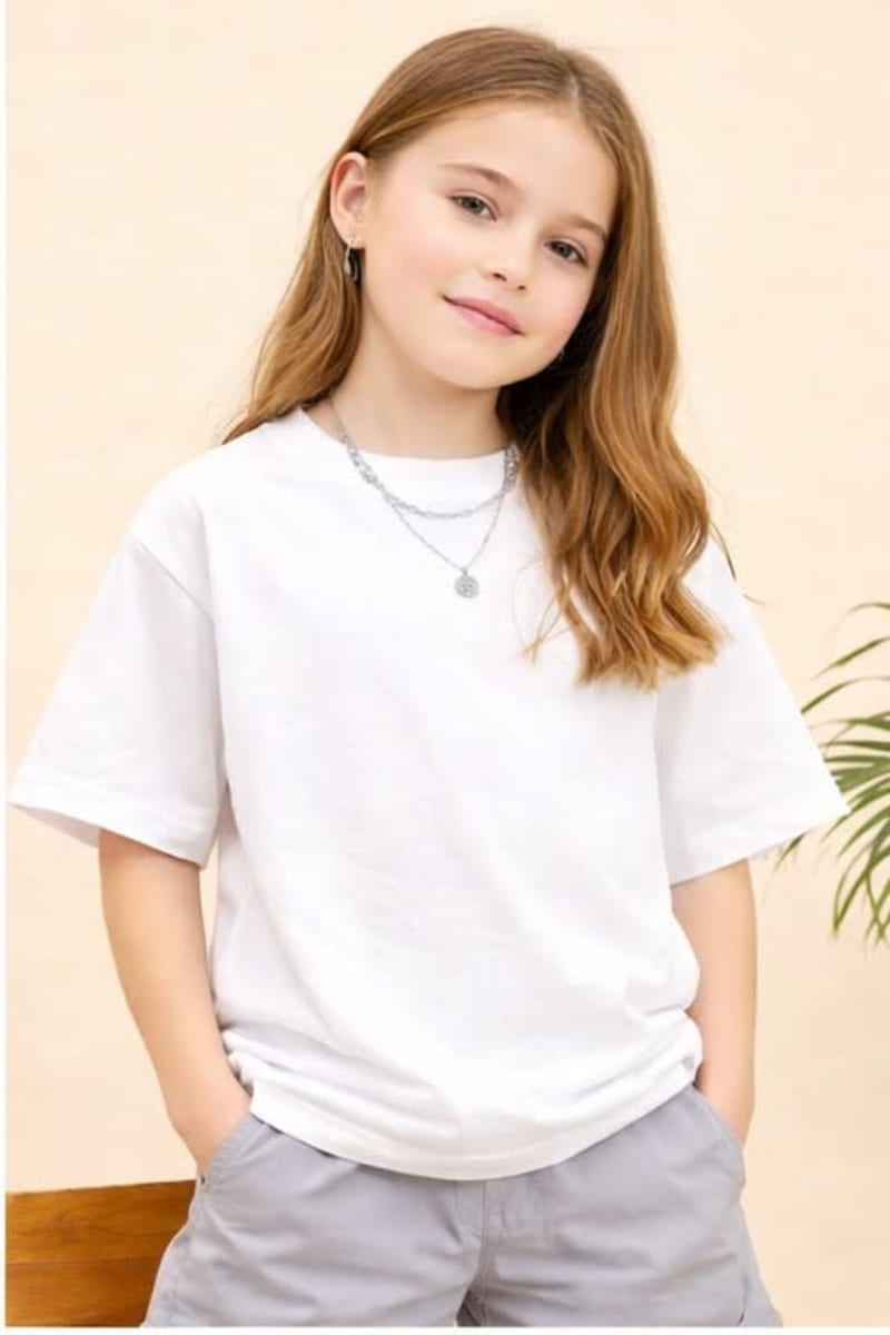 PockMAN Kid Girls Oversized Solid Cotton Terry Classic White Tshirt - Image 2