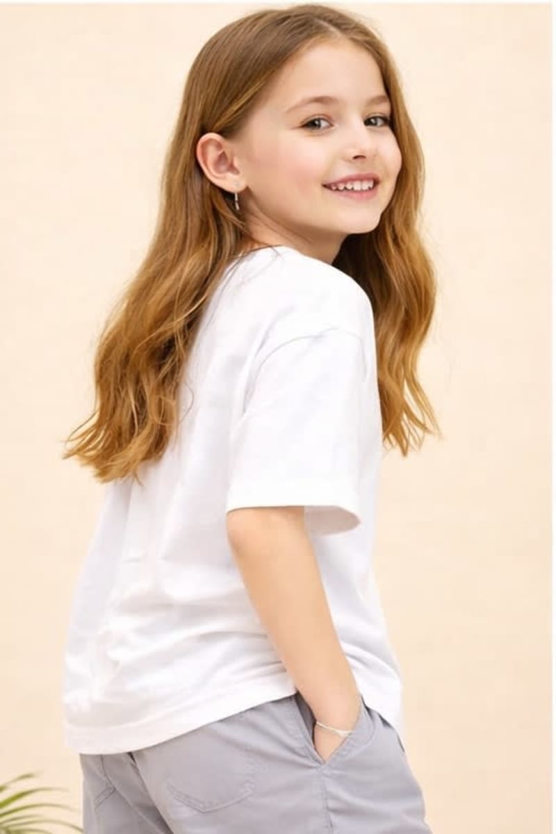 PockMAN Kid Girls Oversized Solid Cotton Terry Classic White Tshirt - Image 4