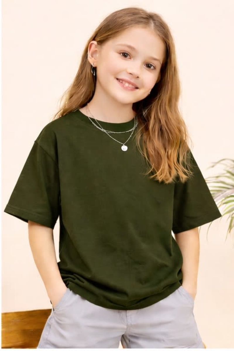 PockMAN Kid Girls Oversized Solid Cotton Terry Classic Dark Olive Tshirt - Image 2