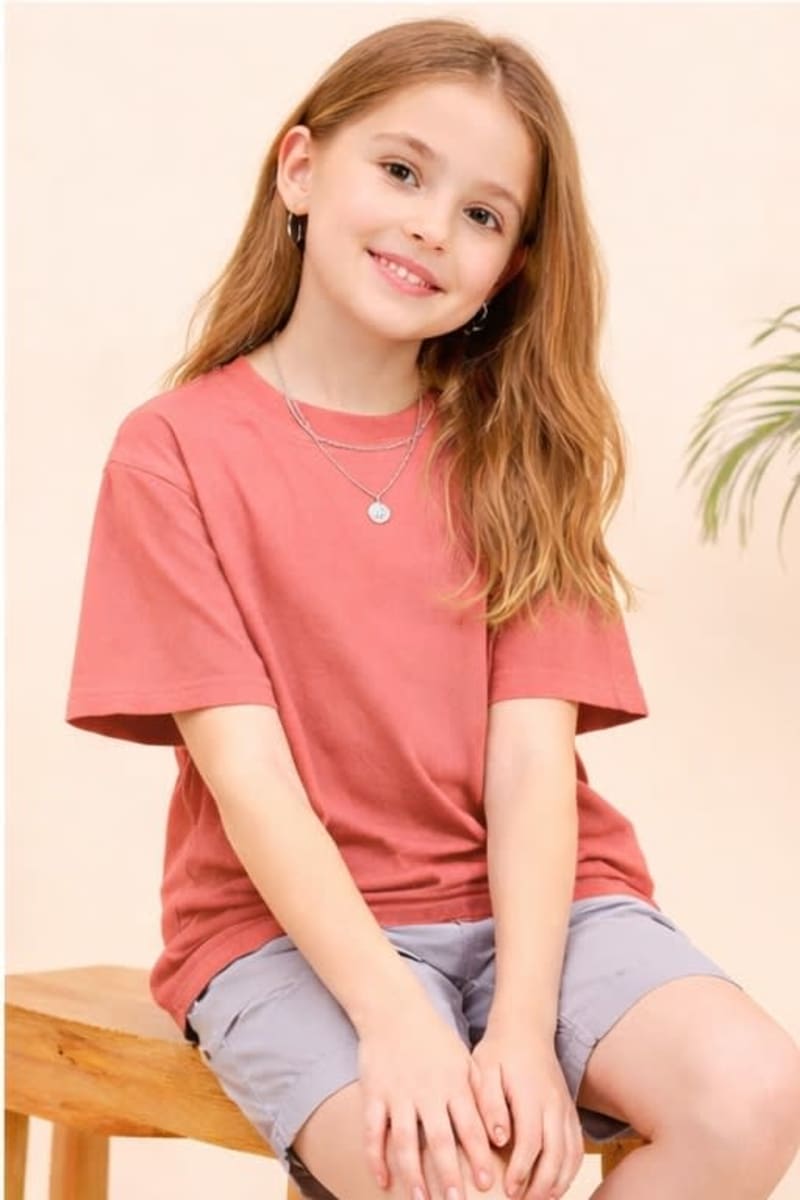 PockMAN Kid Girls Oversized Solid Cotton Terry Classic Light Red Tshirt