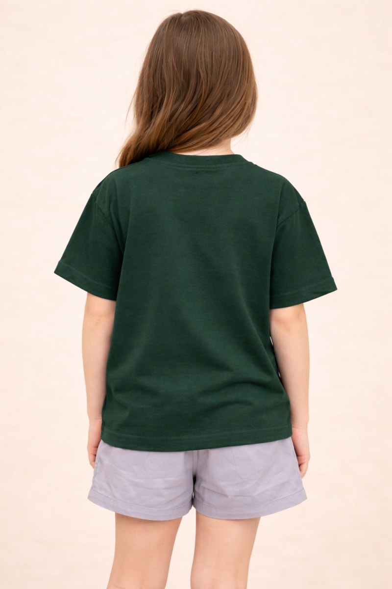 PockMAN Kid Girls Oversized Solid Cotton Terry Classic Bottle Green Tshirt - Image 5