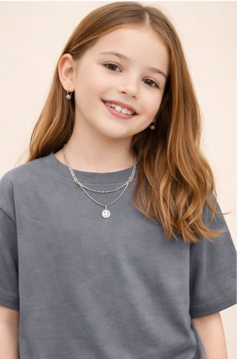 PockMAN Kid Girls Oversized Solid Cotton Terry Classic Light Grey Tshirt - Image 3