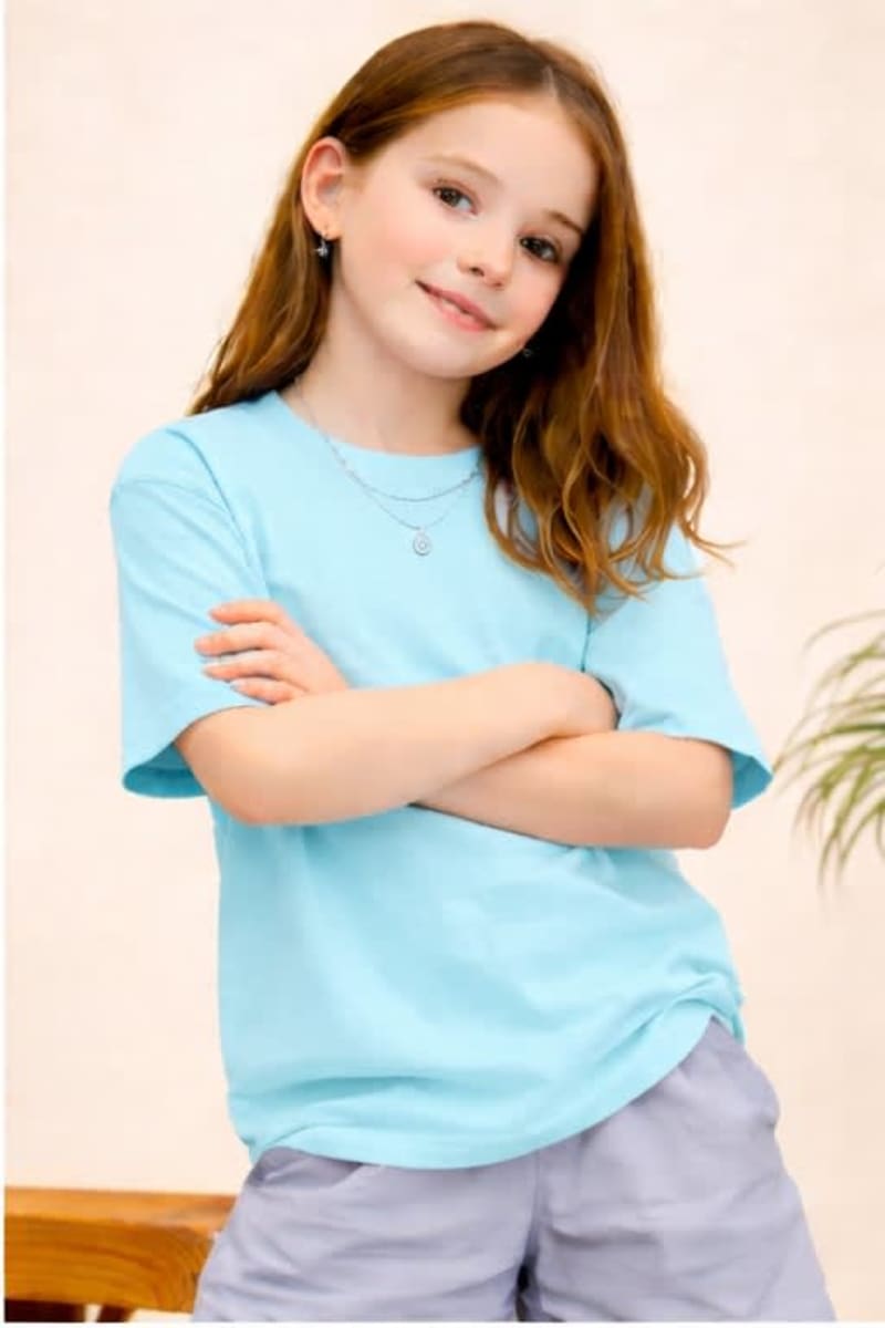 PockMAN Kid Girls Oversized Solid Cotton Terry Classic Cloudy Blue Tshirt - Image 2