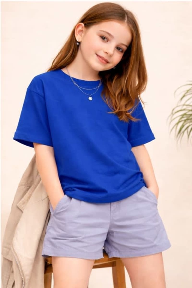 PockMAN Kid Girls Oversized Solid Cotton Terry Classic Royal Blue Tshirt