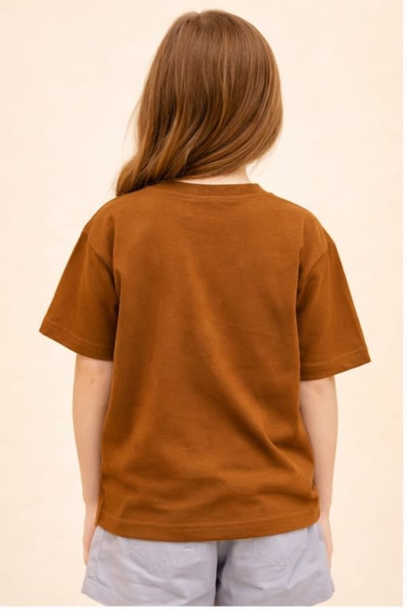 PockMAN Kid Girls Oversized Solid Cotton Terry Classic Brown  Tshirt - Image 4