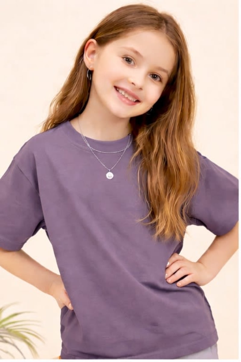 PockMAN Kid Girls Oversized Solid Cotton Terry Classic Mauve Tshirt - Image 4
