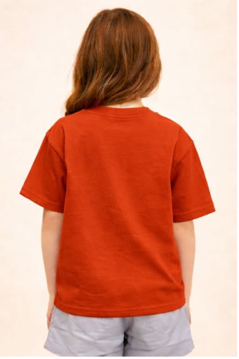 PockMAN Kid Girls Oversized Solid Cotton Terry Classic Rust Red Tshirt - Image 4