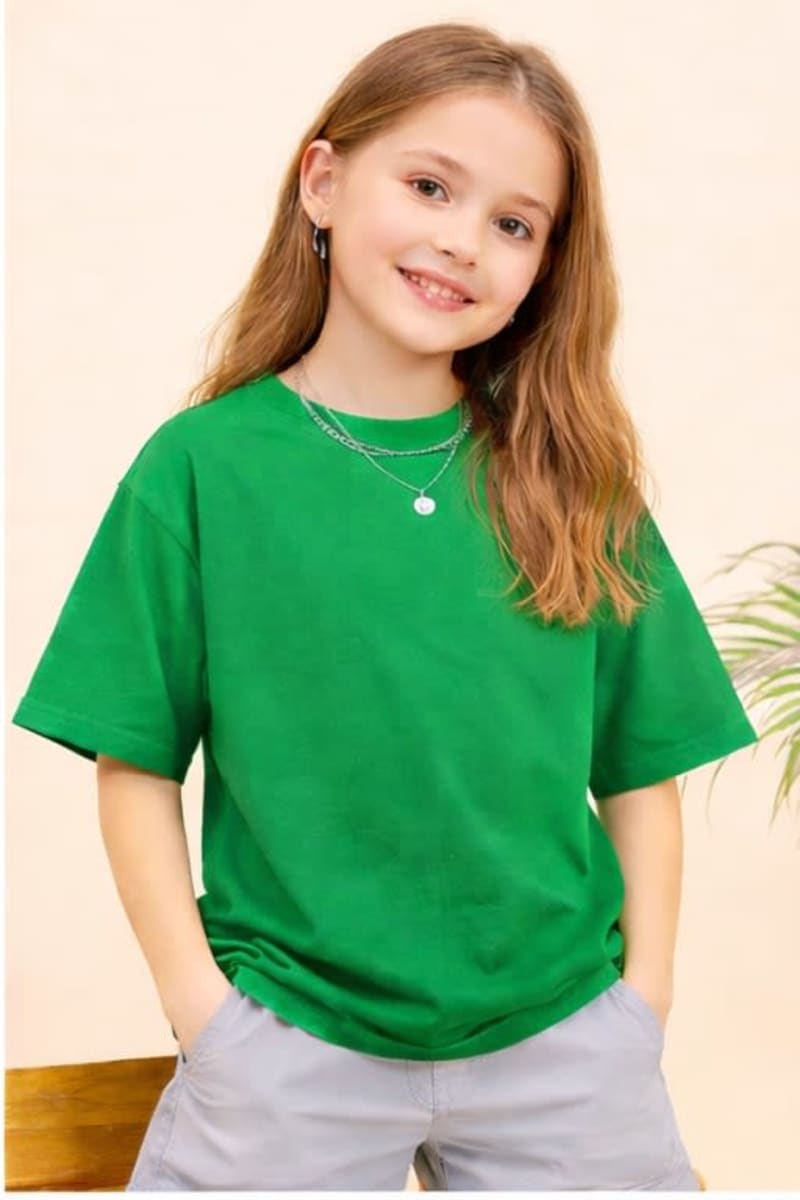 PockMAN Kid Girls Oversized Solid Cotton Terry Classic Green Tshirt - Image 4