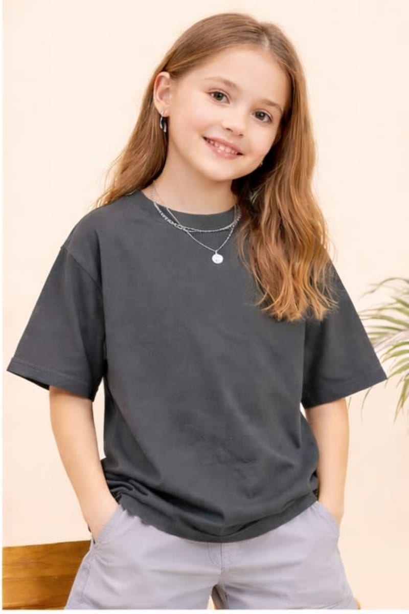 PockMAN Kid Girls Oversized Solid Cotton Terry Classic Dark Grey Tshirt