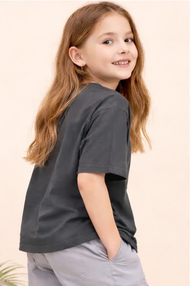 PockMAN Kid Girls Oversized Solid Cotton Terry Classic Dark Grey Tshirt - Image 4