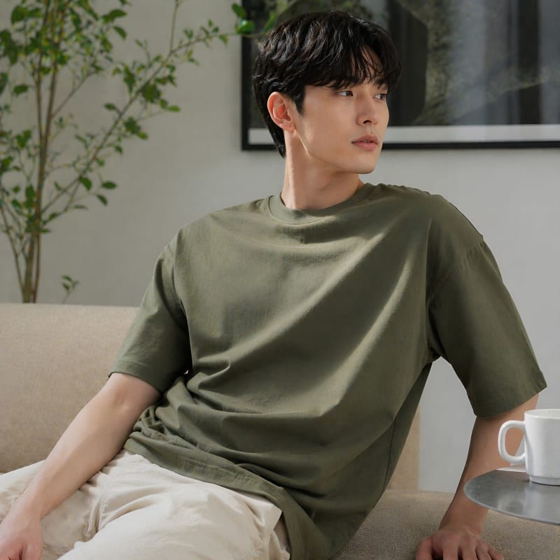 PockMAN Oversized Fit Cotton Classic Round Neck Olive Tshirt - Image 3